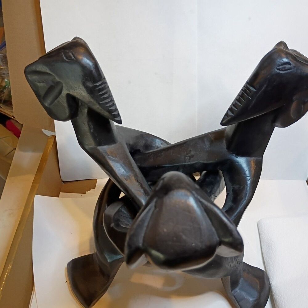 Vintage Hand Carved African Tribal Three Figures Interlocking Wood